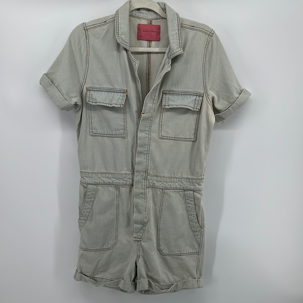Signature‎ Gray/Light Blue Utility Jumpsuit with Short Sleeves Size Small